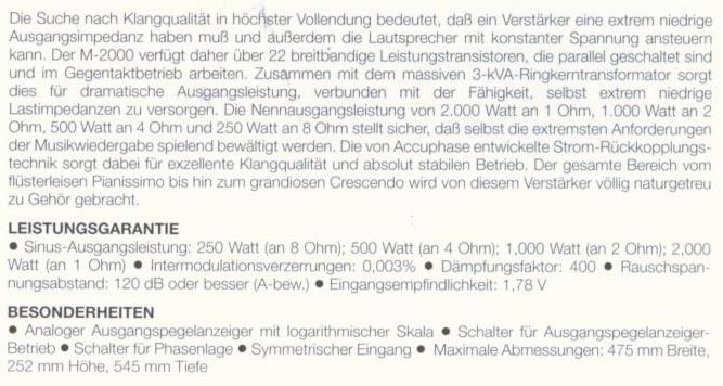 Accuphase M-2000 • Caractéristiques (en allemand)