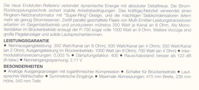 Accuphase P-700 • Caractéristiques (en allemand)