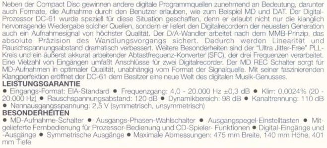 Accuphase DC-61 • Caractéristiques (en allemand)