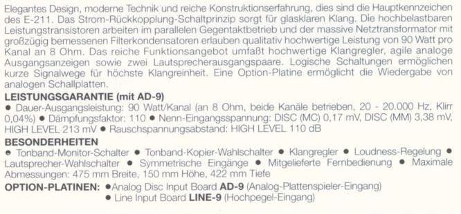 Accuphase E-211 • Caractéristiques (en allemand)