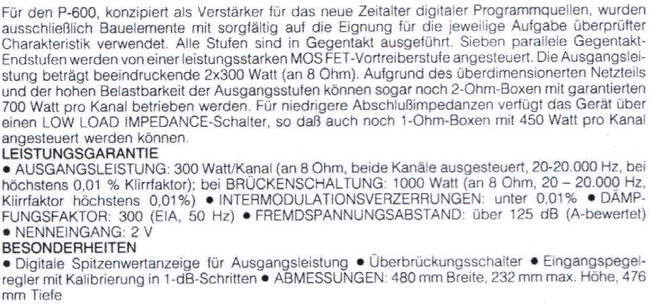 Accuphase P-600 • Caractéristiques (en allemand)