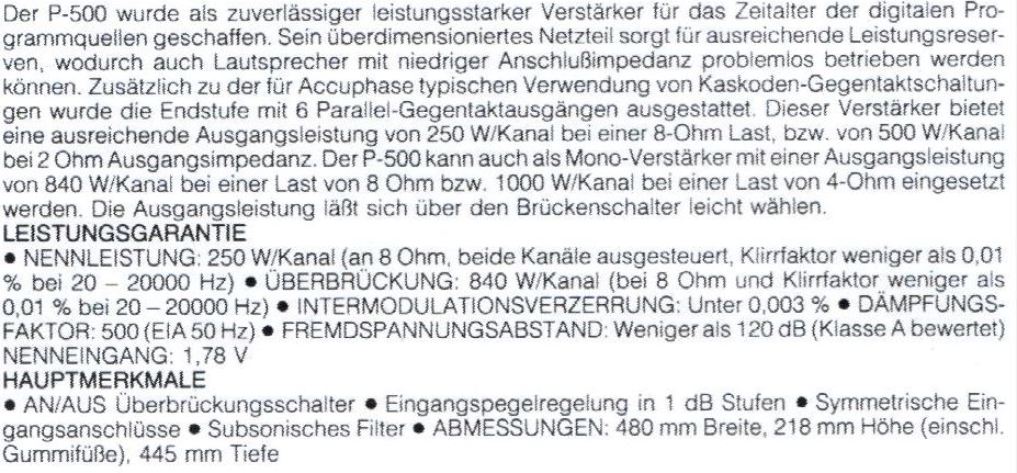 Accuphase P-500 • Caractéristiques (en allemand)