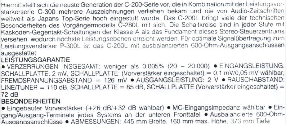 Accuphase C-200L • Caractéristiques (en allemand)