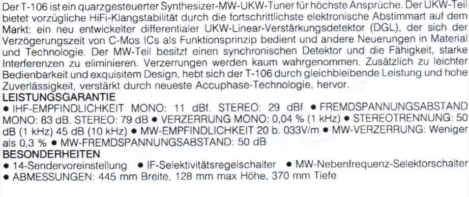 Accuphase T-106 • Caractéristiques (en allemand)
