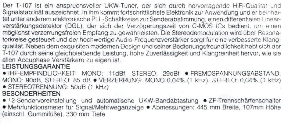 Accuphase T-107 • Caractéristiques (en allemand)