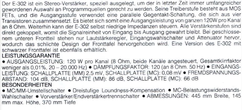 Accuphase E-302 • Caractéristiques (en allemand)