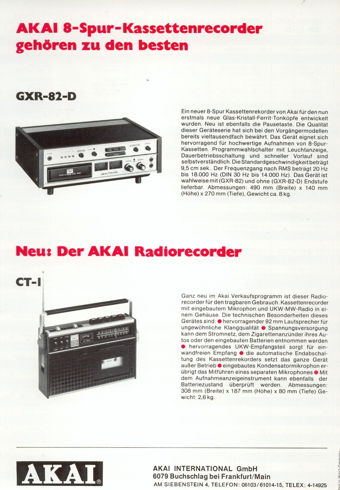 Akai GXR-82 D et CT-1 • Extrait catalogue Akai 1973 (en allemand)