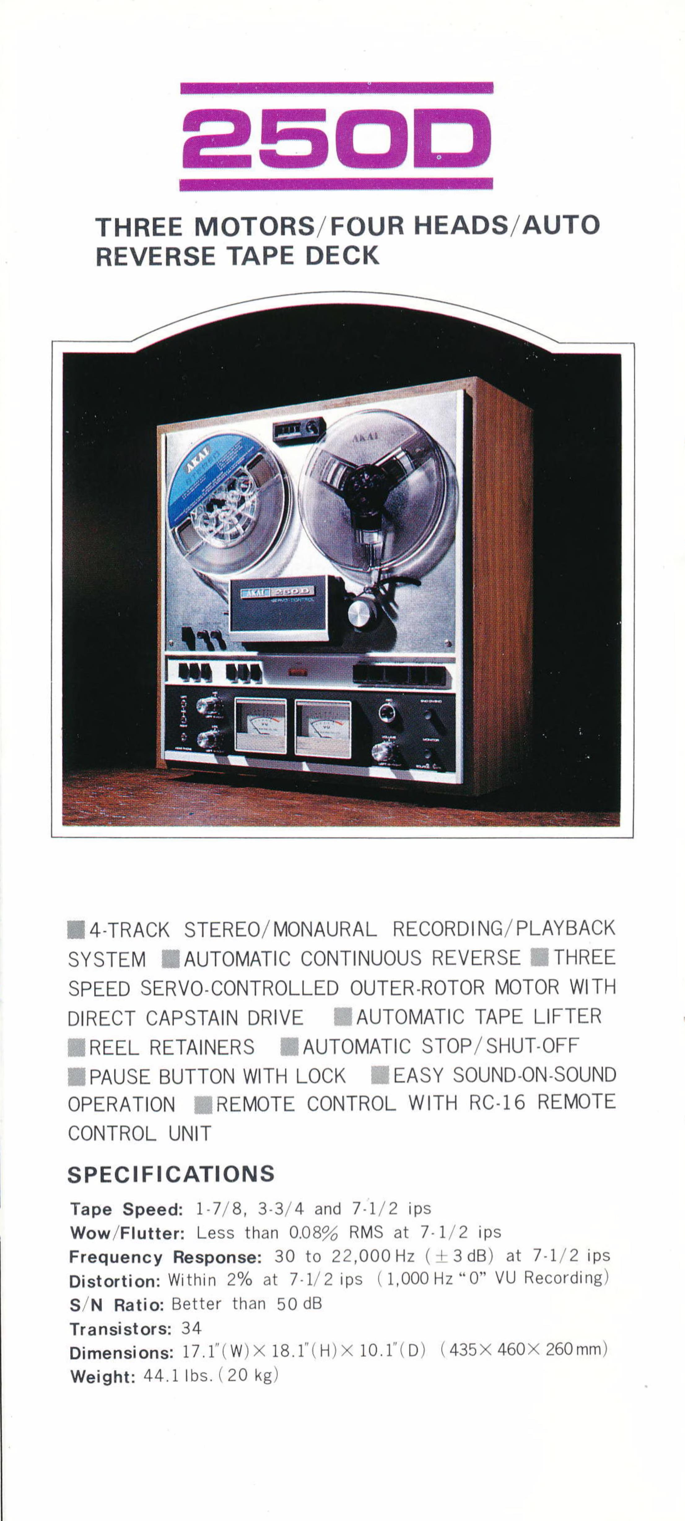 Akai 250 D • Extrait catalogue Akai 1972 (USA)