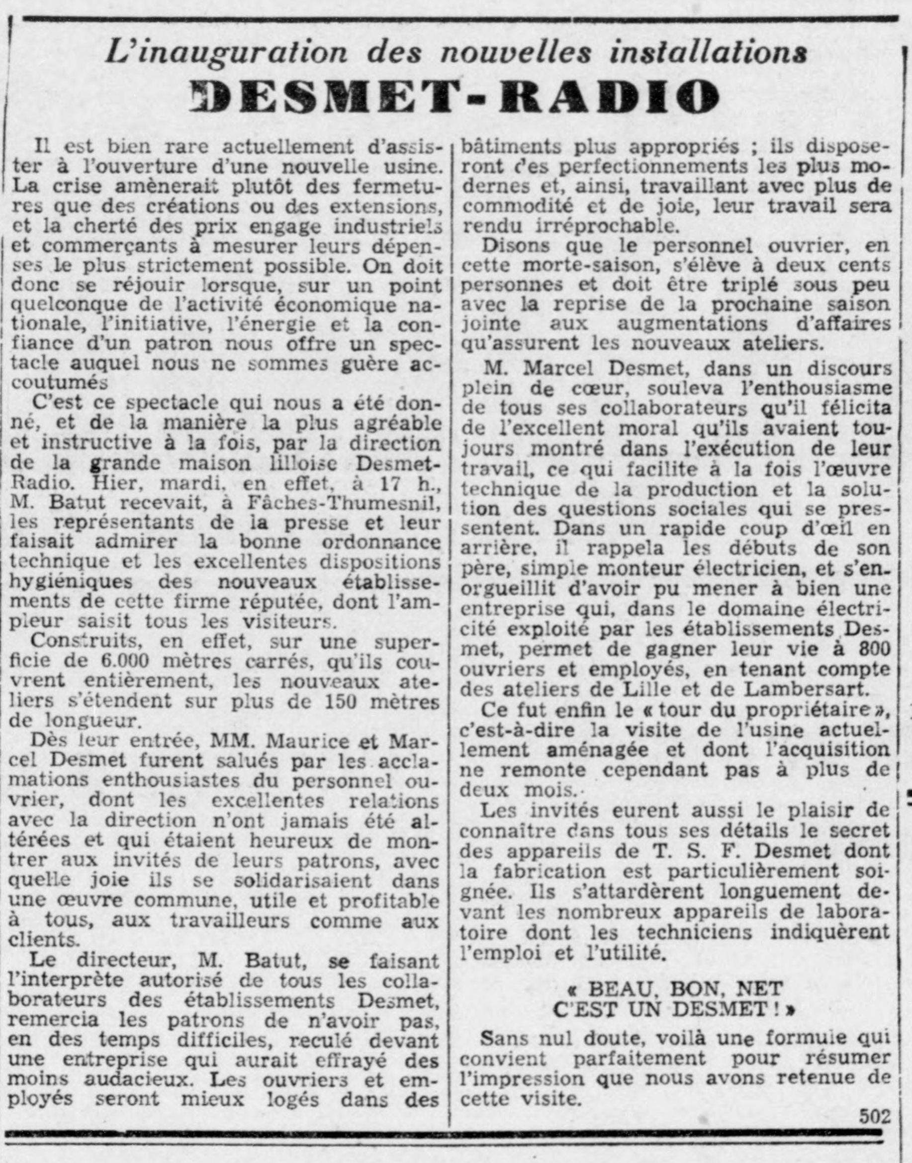 La_Croix_du_Nord  26 mai 1937 Inauguration usine de Fâches Thumesnil