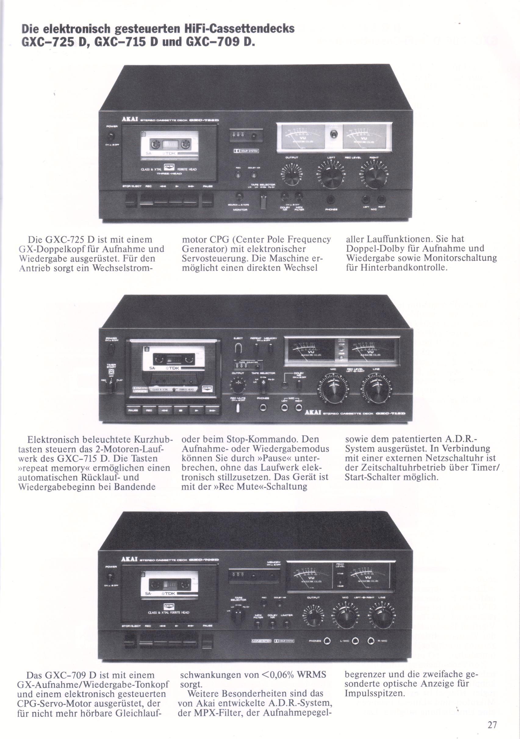 Akai GXC-725 D, GXC-715 D et GXC-709 D • Extrait catalogue 1979 (en allemand)