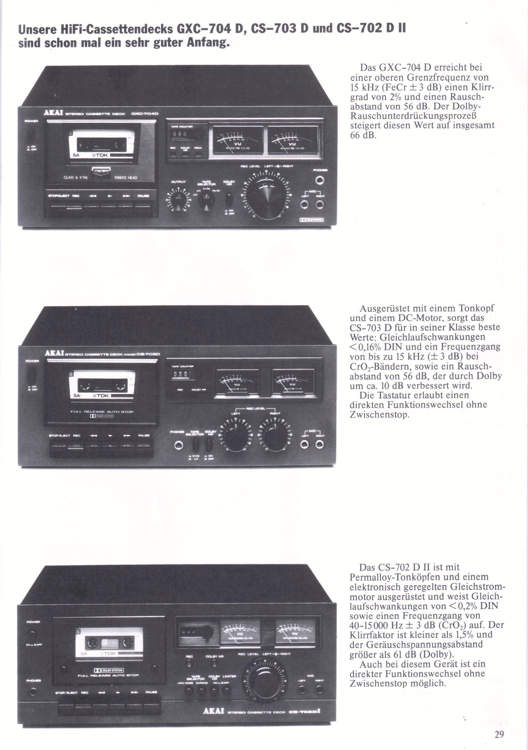 Akai GXC-704 D, CS-703 D et CS-702 D II • Extrait catalogue 1979 (en allemand)