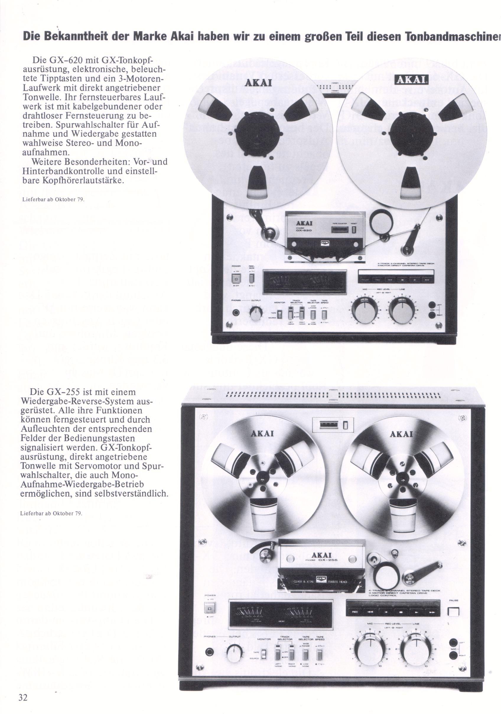 Akai GX-620 et GX-255 • Extrait catalogue Akai 1979 (en allemand)