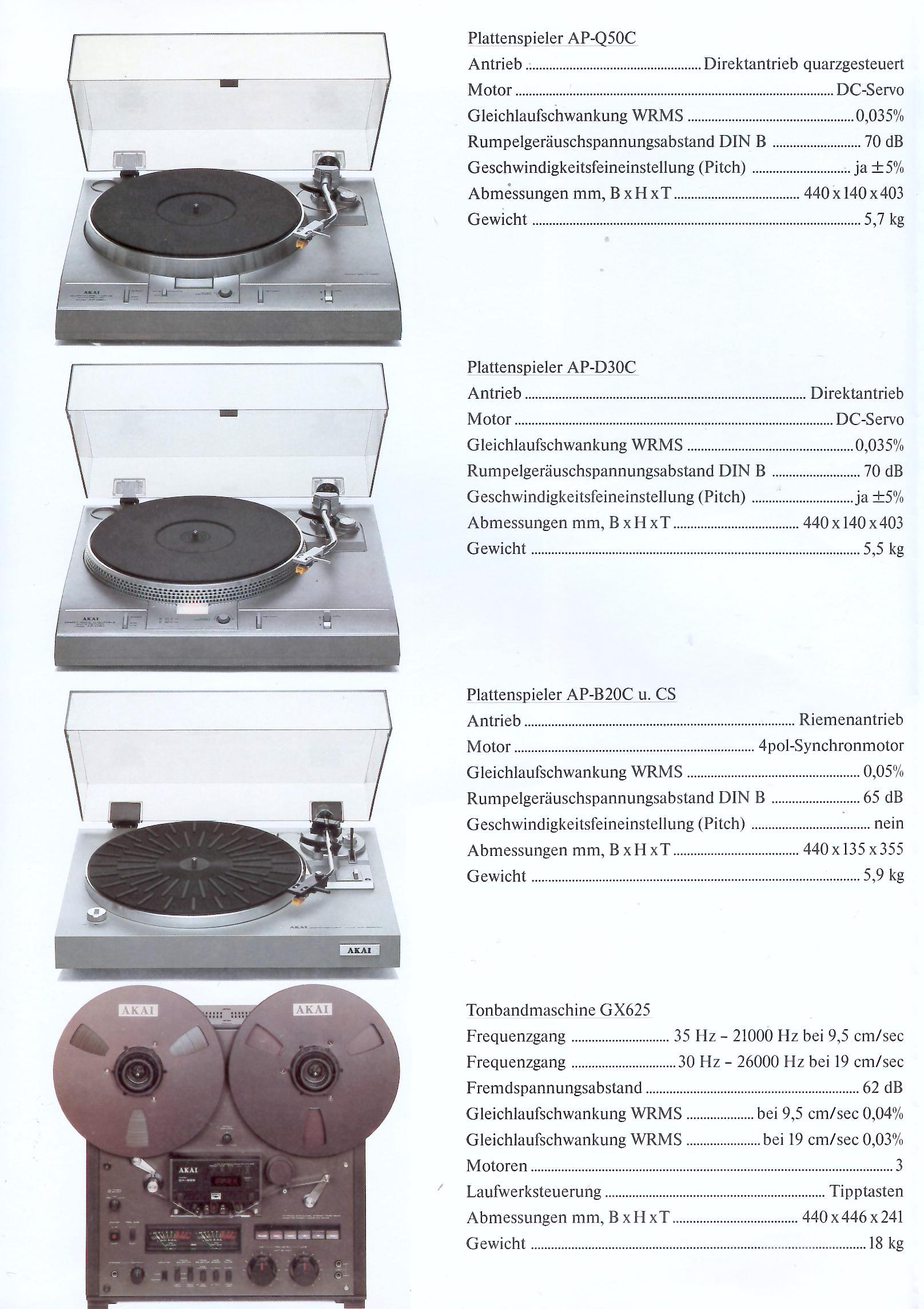 Akai AP-Q50C, AP-D30C, AP-B20C, AP-B20CS, GX-625 • Extrait catalogue 1980