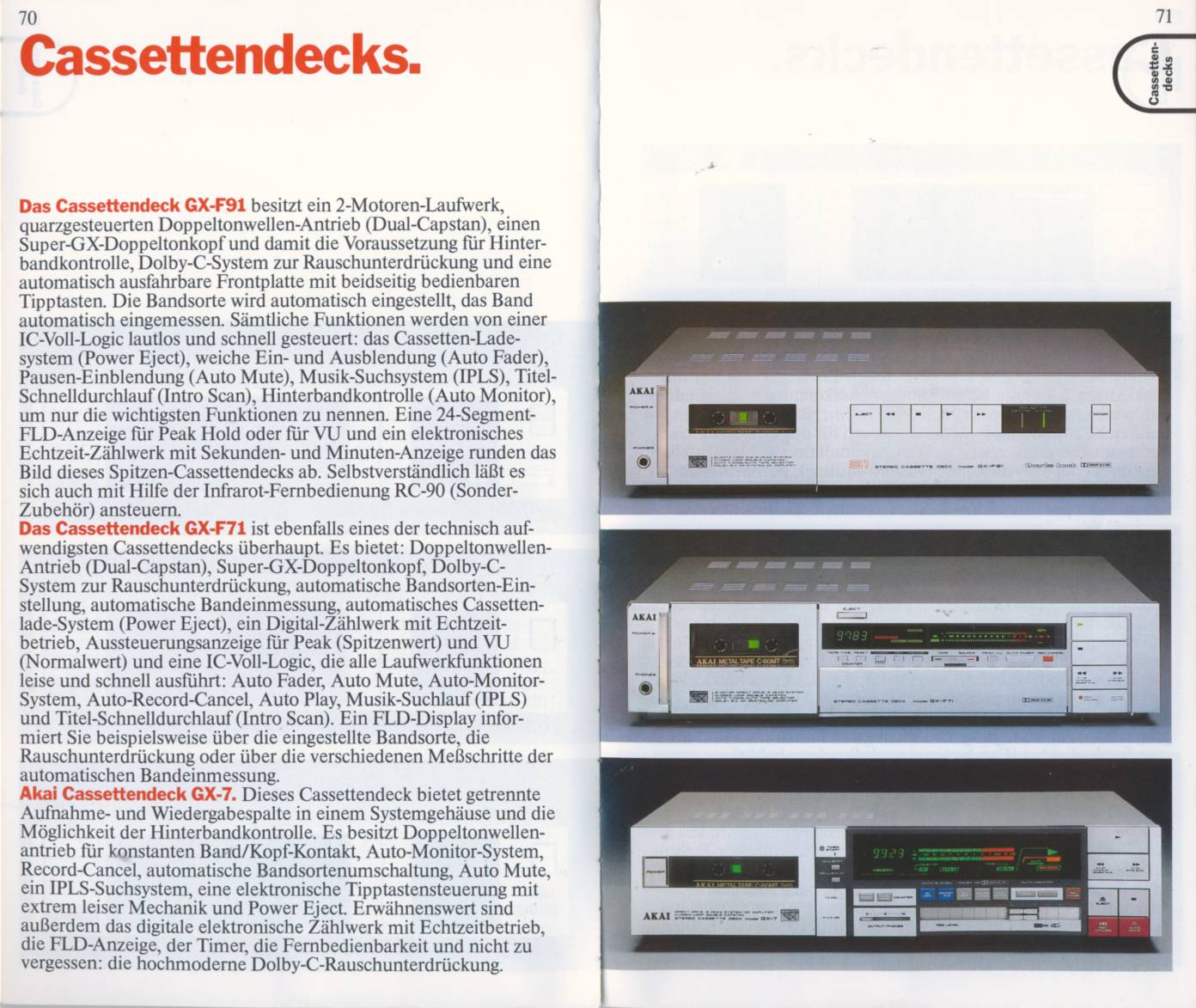 Akai GX-F91, GX-F71 et GX-7 • Extrait catalogue 1984/1985 (en allemand)