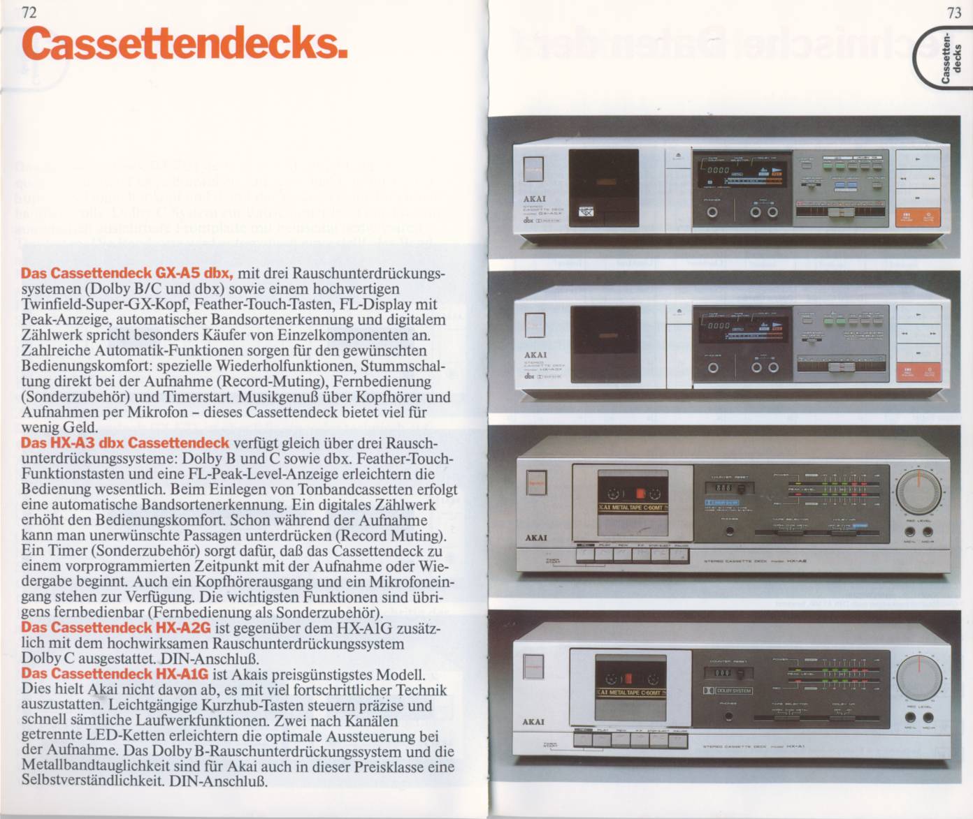 Akai GX-A5X, HX-A3X, HX-A2G, HX-A1G • Extrait catalogue 1984/1985 (en allemand)