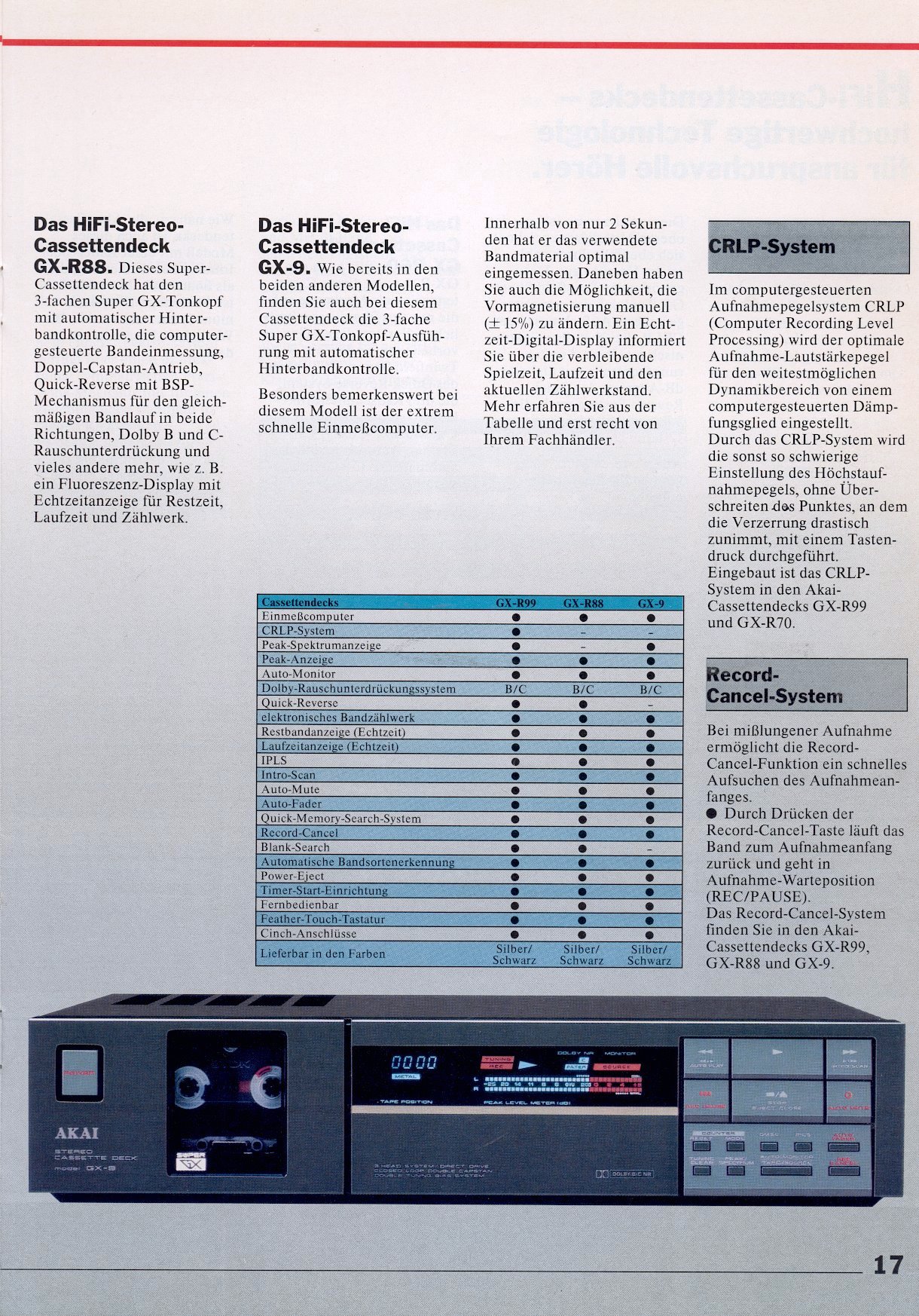 Akai GX-R99, GX-R88 et GX-9 • Extrait catalogue 1986 (en allemand)