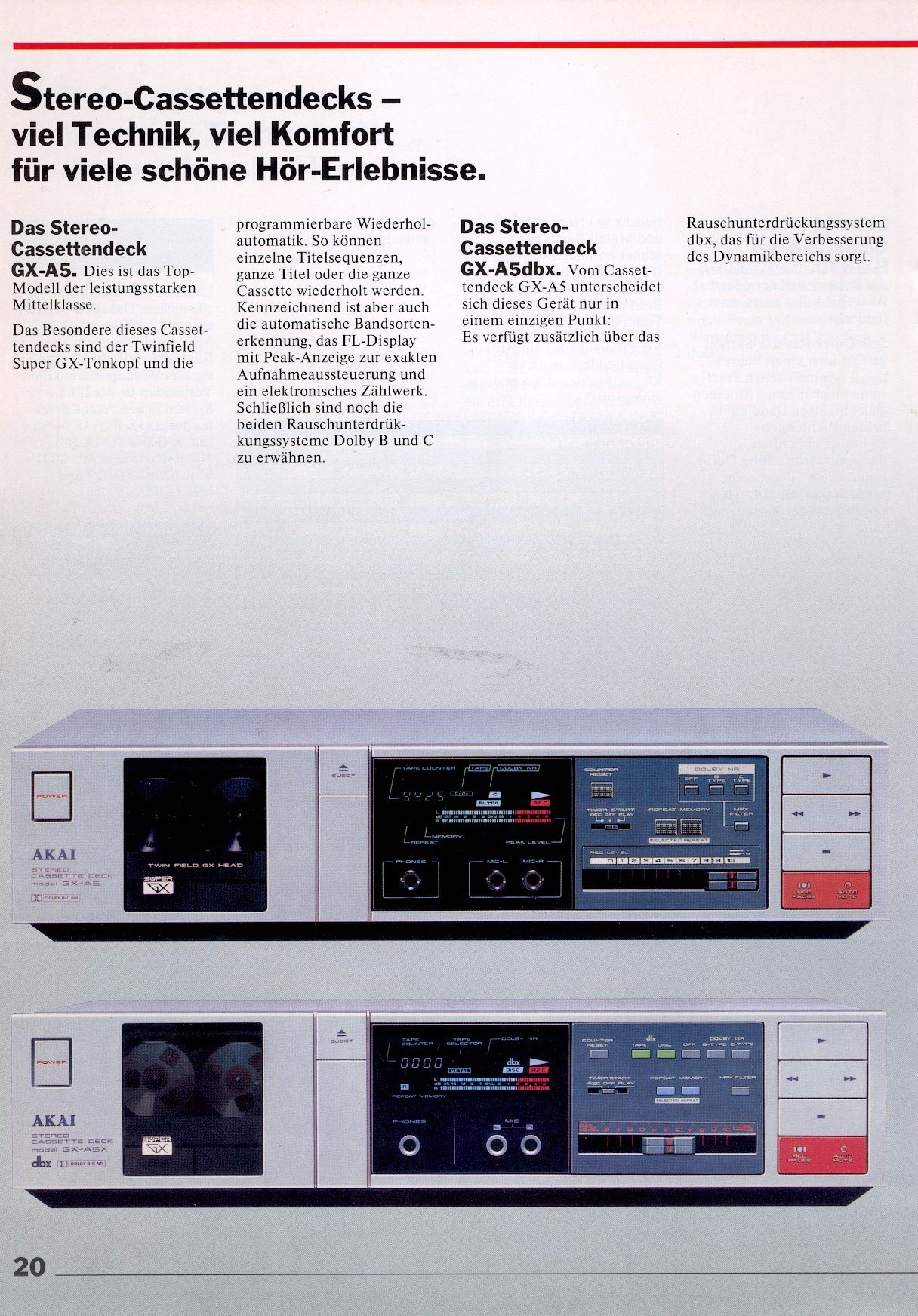 Akai GX-A5 et GX-A5X DBX • Extrait catalogue Akai 1986 (en allemand)