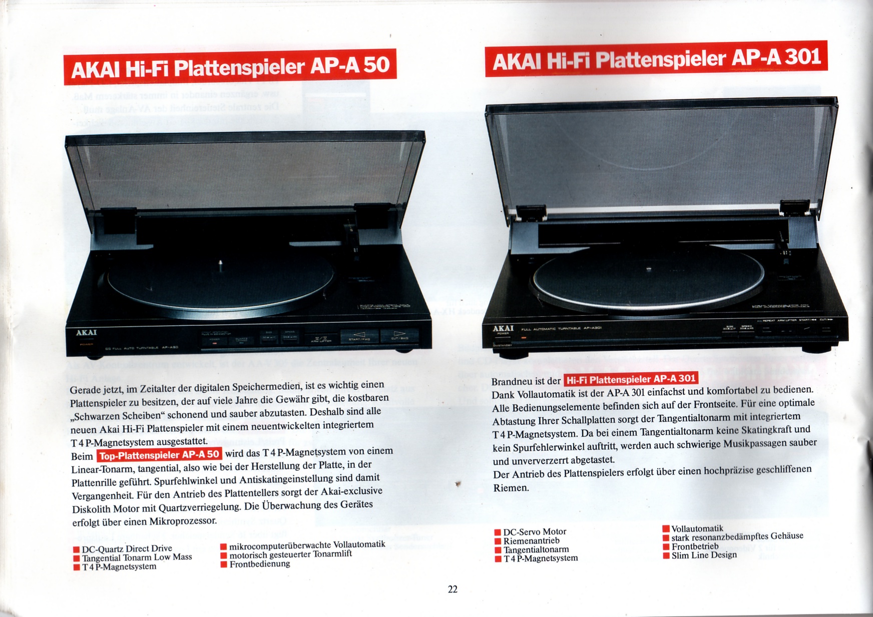Akai AP-A50 et AP-A301 • Extrait catalogue Akai 1986/1987 (en allemand)