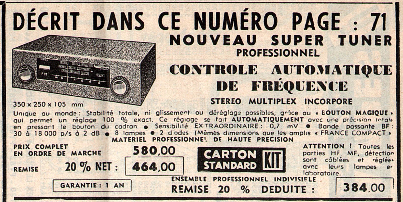 Magnétic-France Super Tuner FM Automatique 1961 • Publicité 1961