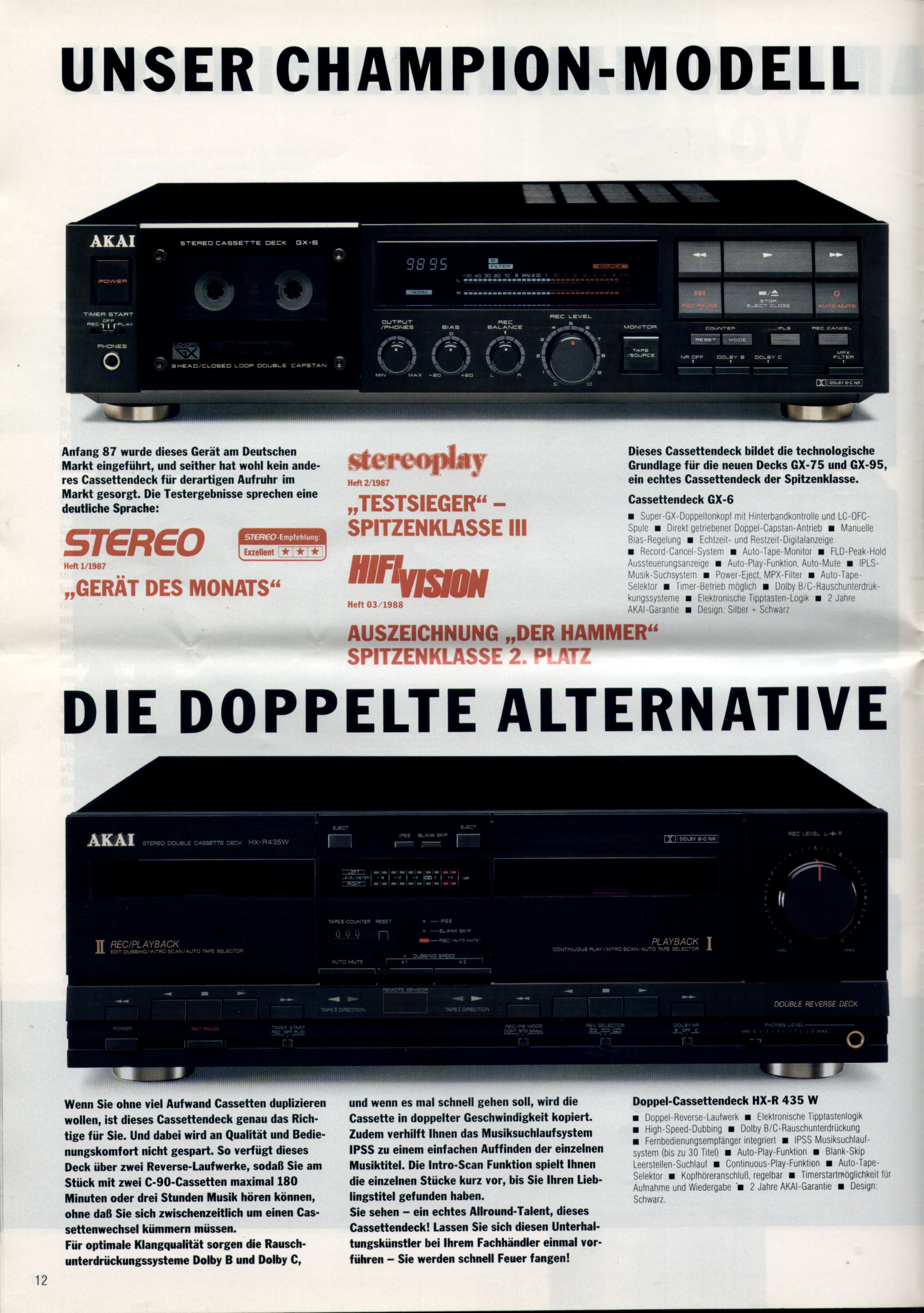 Akai GX-6 et HX-R 435 W • Extrait catalogue 1989 (en allemand)