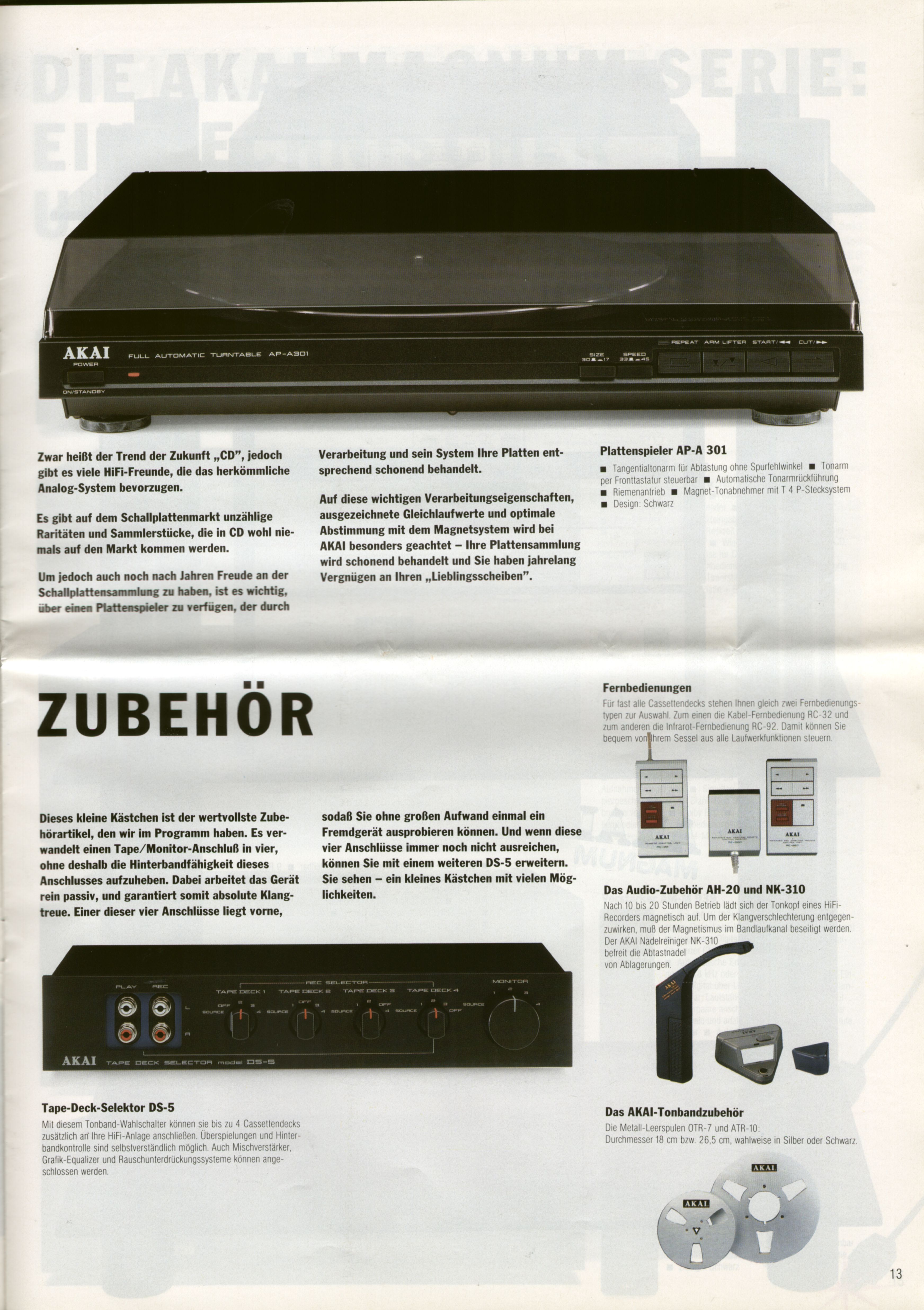 Akai AP-A301 et DS-5 • Extrait catalogue Akai 1989 (en allemand)
