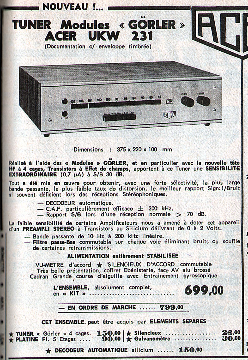 A.C.E.R. UKW 231 • Publicité - Le Haut-Parleur 1968
