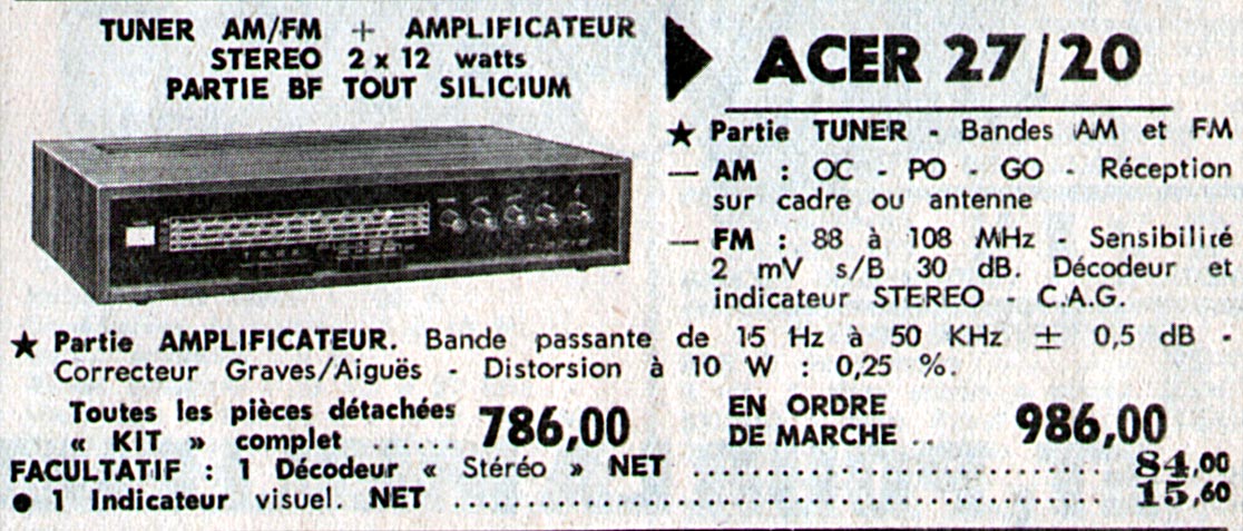 A.C.E.R. 27/20 Ampli-tuner • Publicité - Le Haut-Parleur 1968