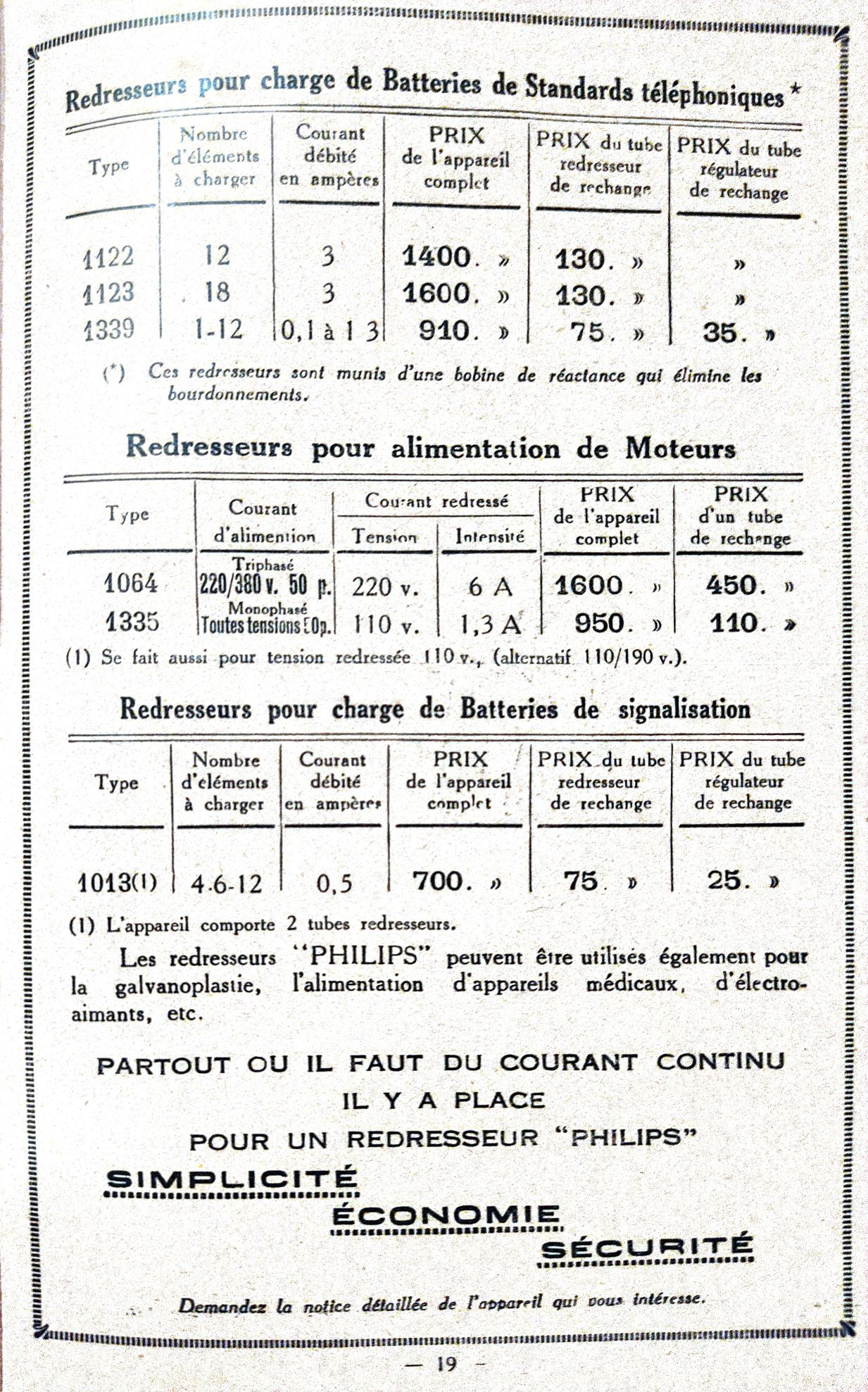 Philips 1013, 1064, 1122, 1123, 1335, 1339 Extrait Prix Courant 1930