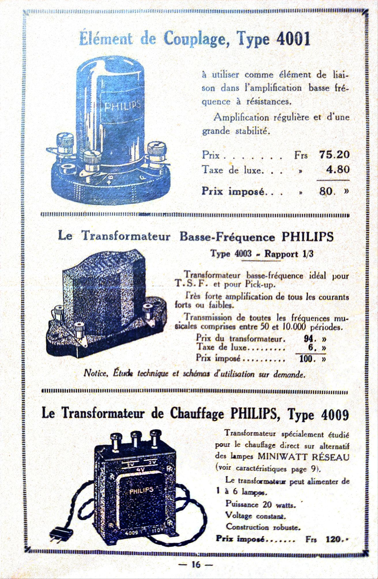 Philips 4001, 4003, 4009 Extrait de catalogue français