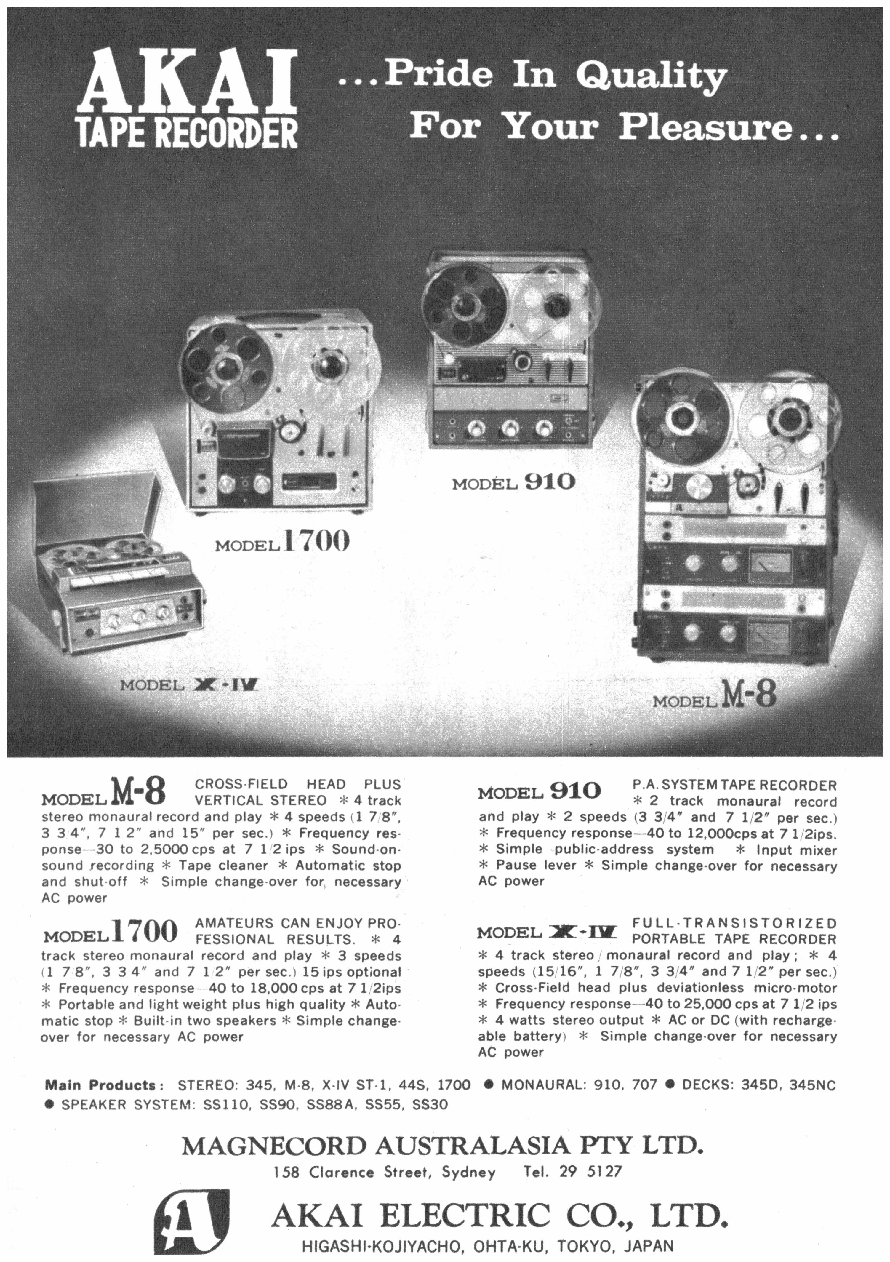 Akai M-8, 1700, 910 et X-IV • Publicité australienne 1965