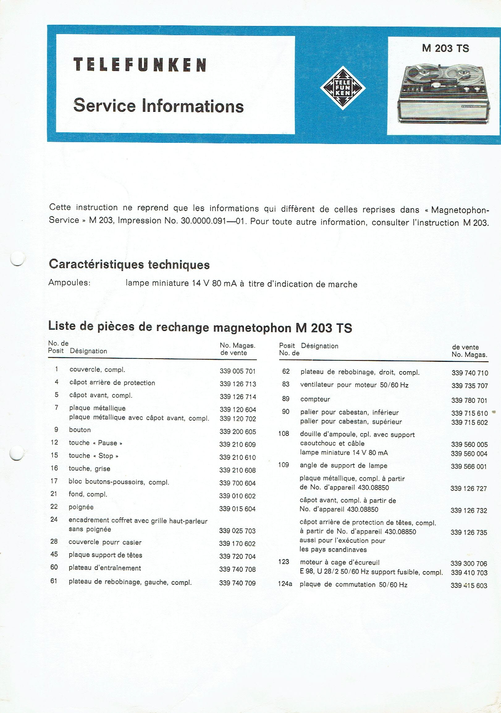 Telefunken Magnetophon 203 TS • Pièces de rechange