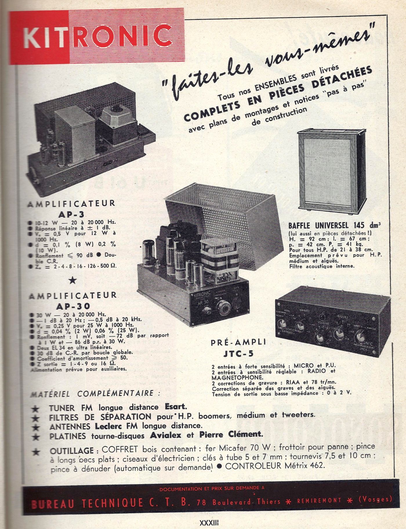 Tacussel Kitronic AP-3, AP-30, JTC-5 et Baffle Universel 145 • Publicité 1959