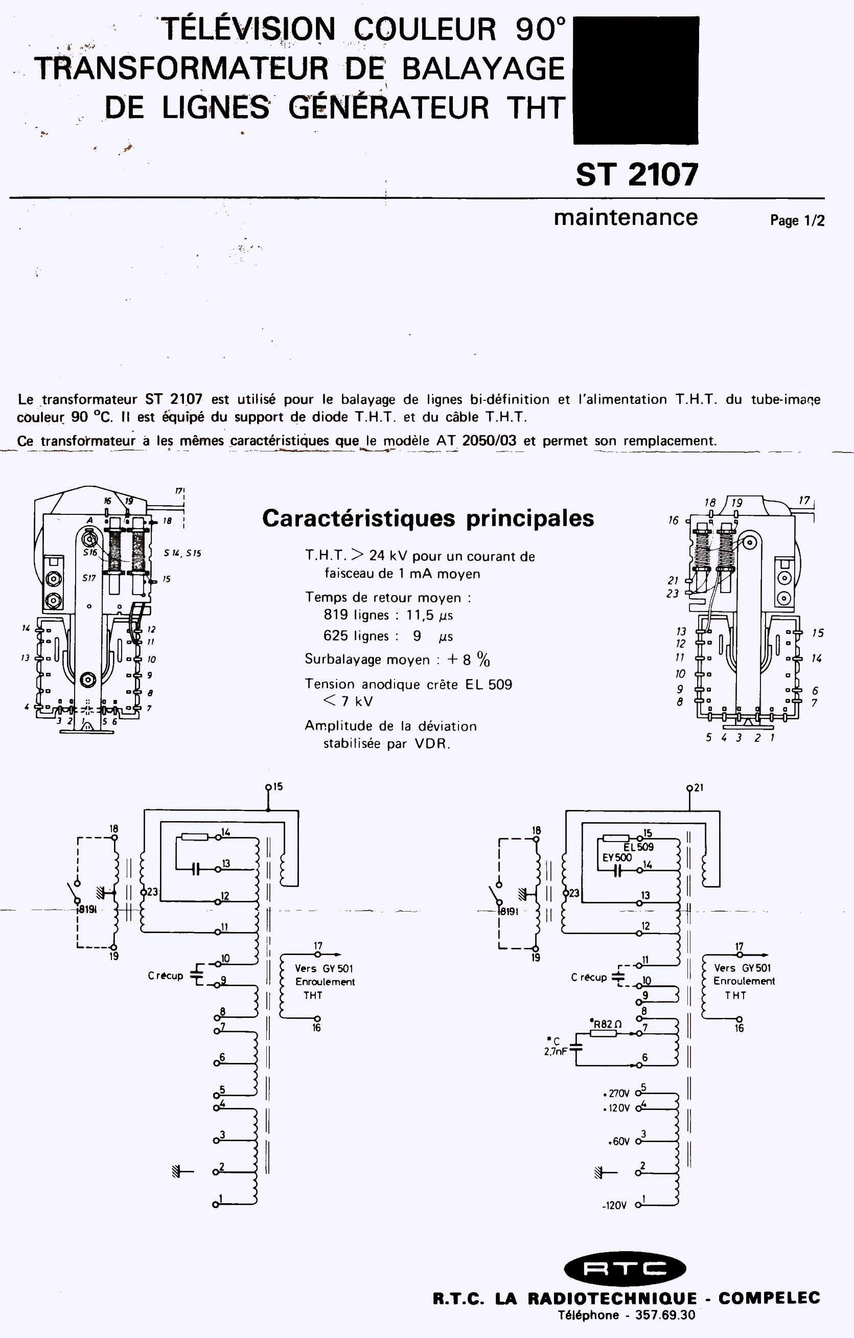 TVC4  RTC ST 2107  transformateur de sortie lignes THT