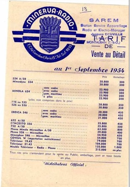 Minerva Tarif septembre 1954