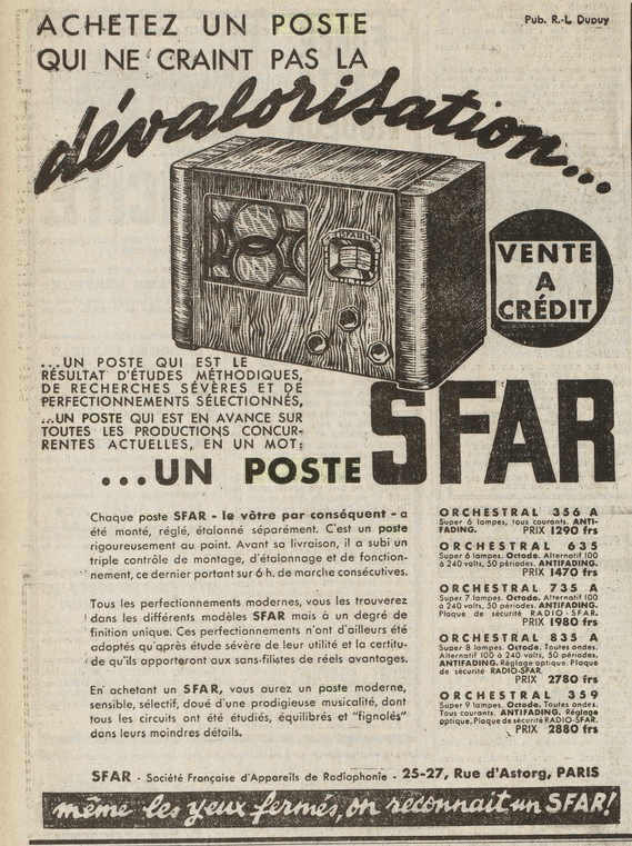 S.F.A.R. - Orchestral 635 Publicité - L’Œuvre  29 avril 1935