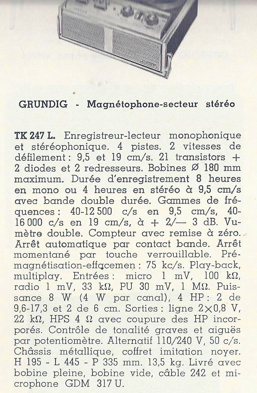 Grundig TK 247 De Luxe Fiche technique