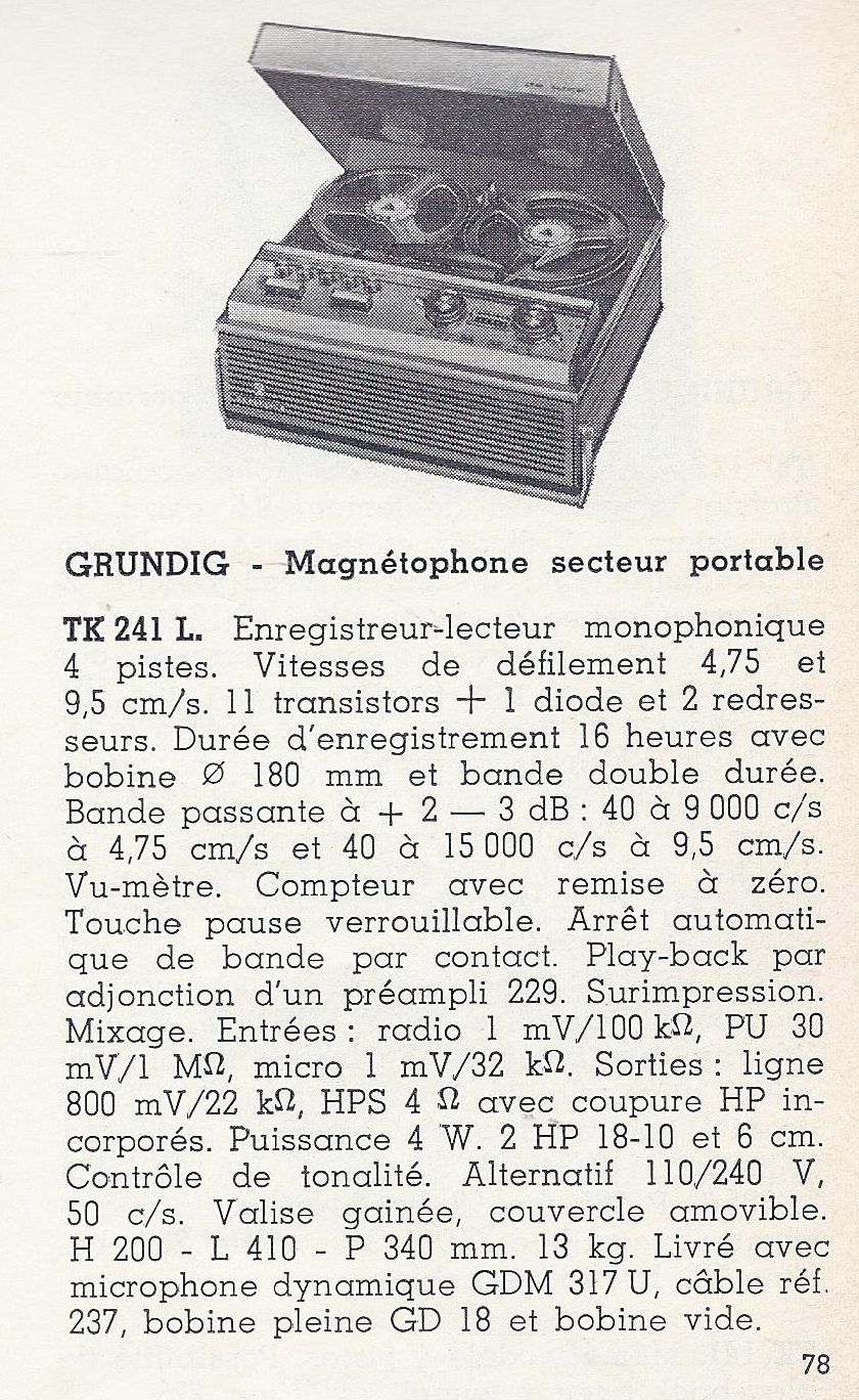 Grundig TK 241 De Luxe Fiche technique