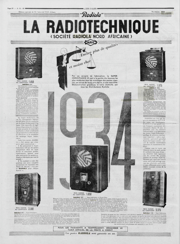 Radiola Publicité L’Écho d’Alger, 4 novembre 1933
