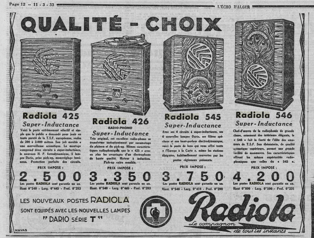 Radiola Publicité L’Écho d’Alger, 11 mars 1933