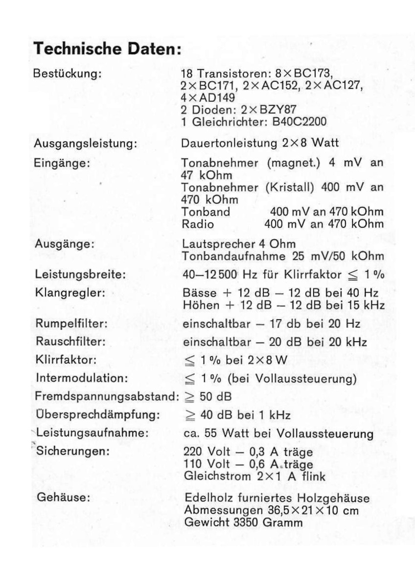 Südfunk Soundmaster V 168 • Caractéristiques (en allemand)