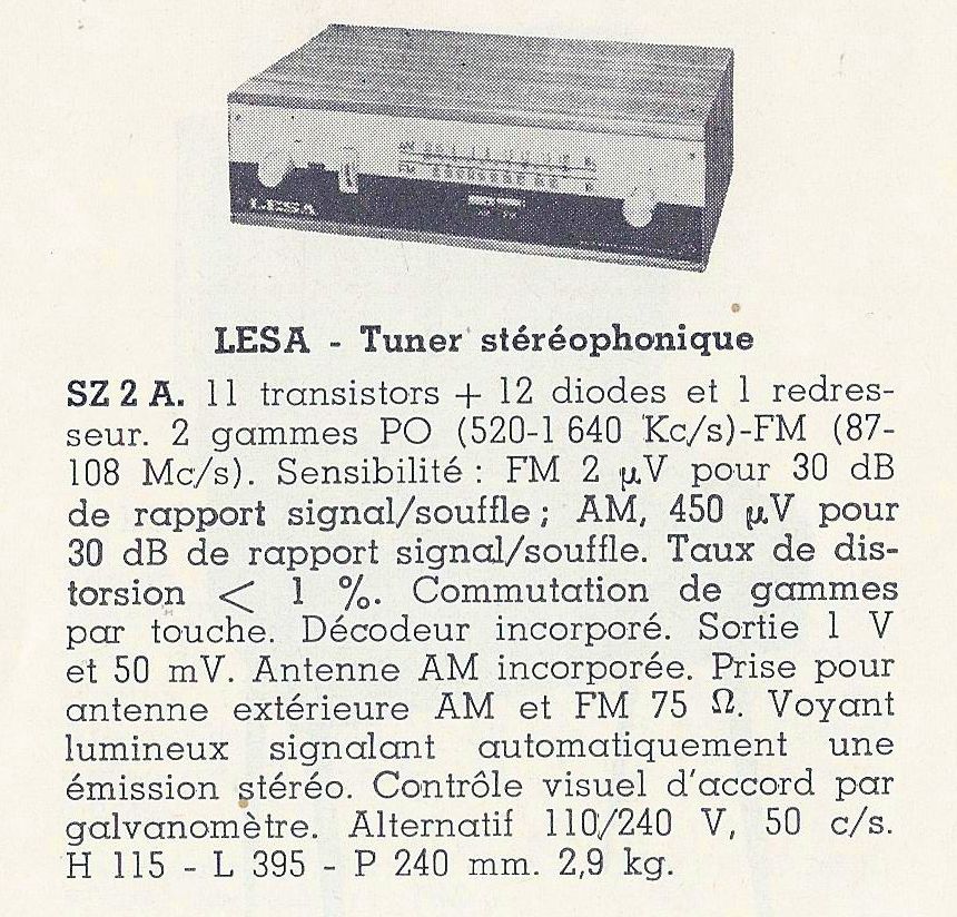 Lesa SZ 2 A • Catalogue - Le Haut-Parleur numéro spécial 1969