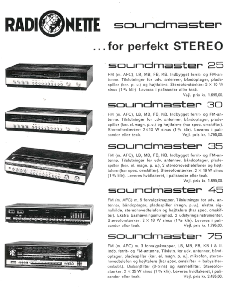 Radionette Soundmaster 25, 30, 35, 45 et 75 • Publicité danoise