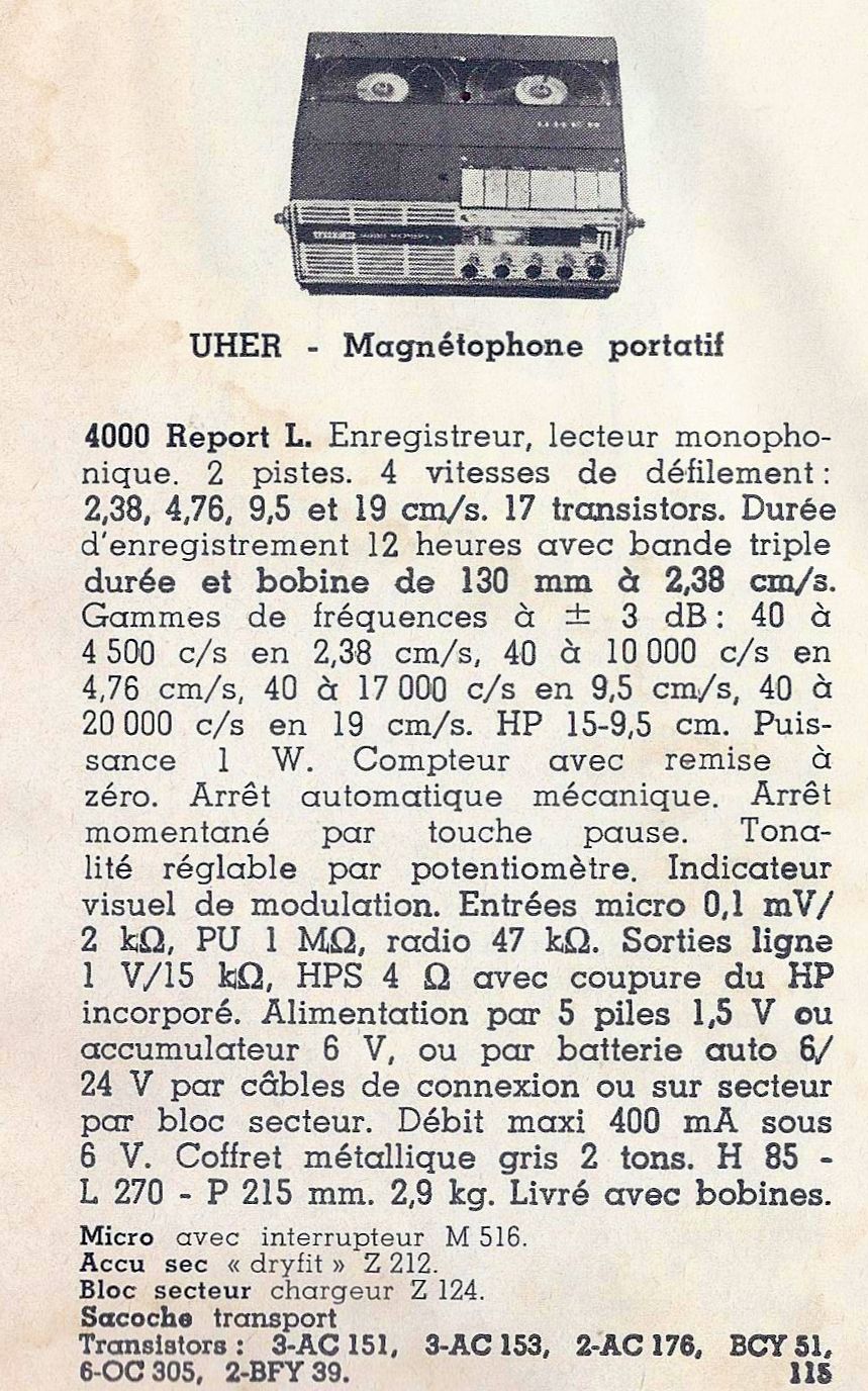 Uher 4000 Report L Extrait de catalogue Salon 1969