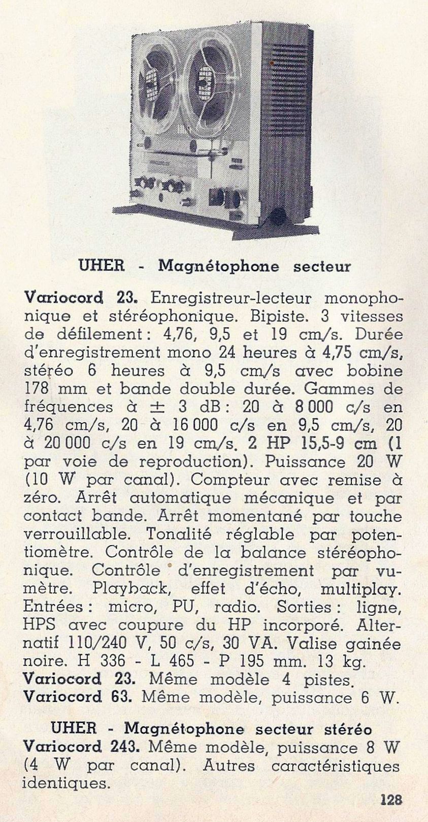 Uher Variocord 23, 63 et 263 Stereo • Extrait de catalogue - 1969
