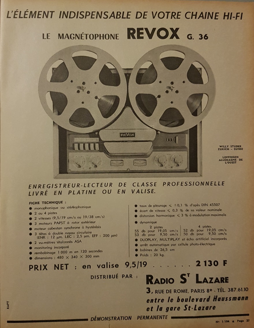 Revox G 36 • Publicité (Radio St-Lazare) - Le Haut-Parleur 1966