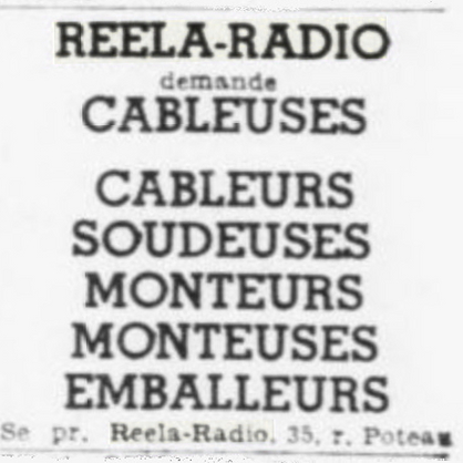 Reela Offre d'emploi L’Intransigeant 22 août 1952