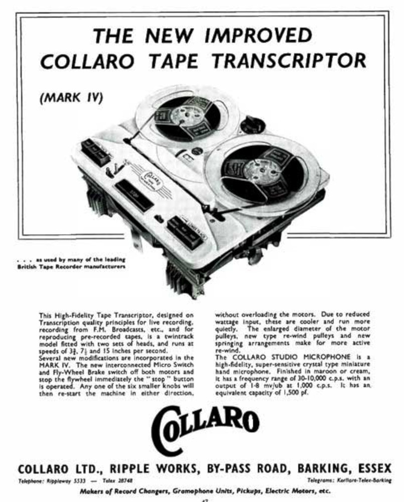 Collaro Tape Transcriptor Mark IV Publicité UK 1959