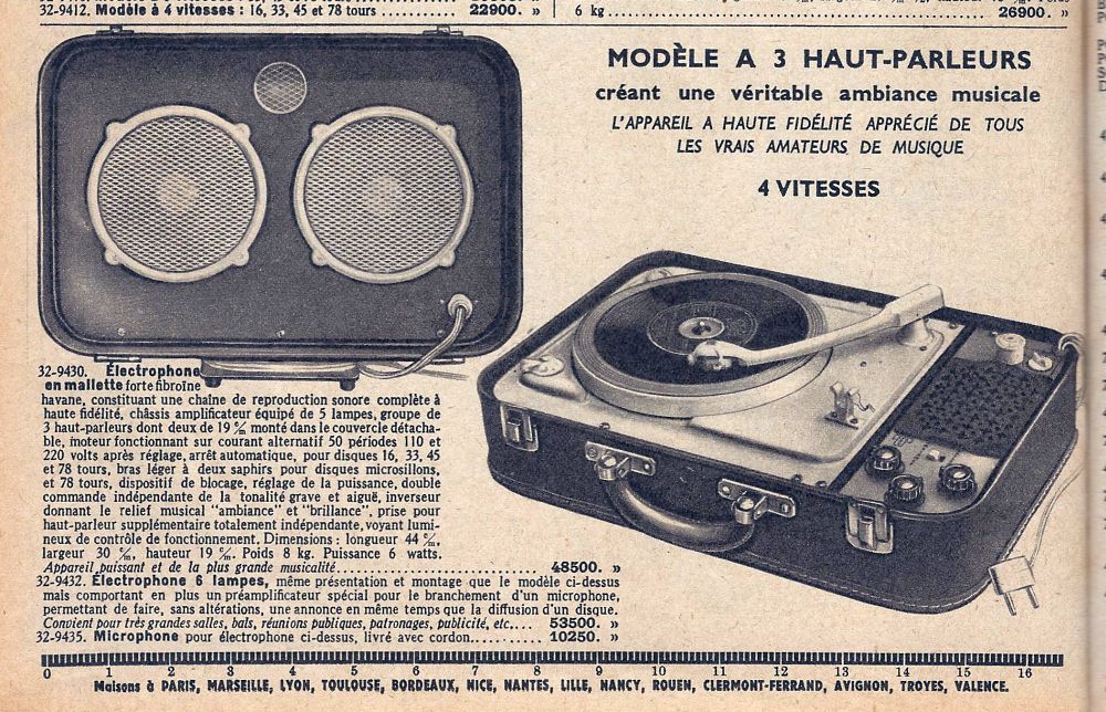 Teppaz 336 - Manufrance #32-9430, 9432, 9435 • Extrait de catalogue 1957