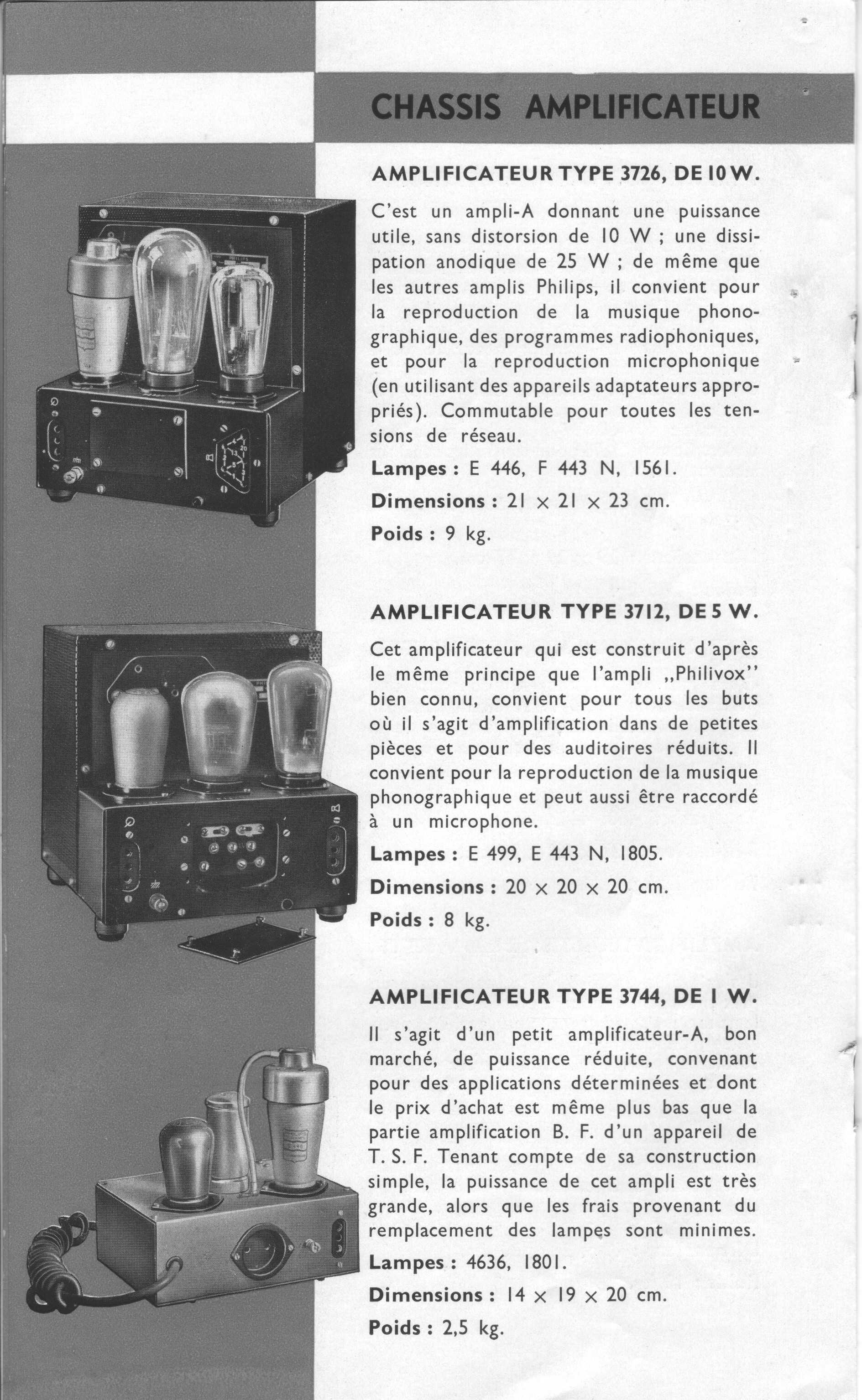 Philips 3712, 3726 et 3744 Extrait catalogue sonorisation octobre 1934