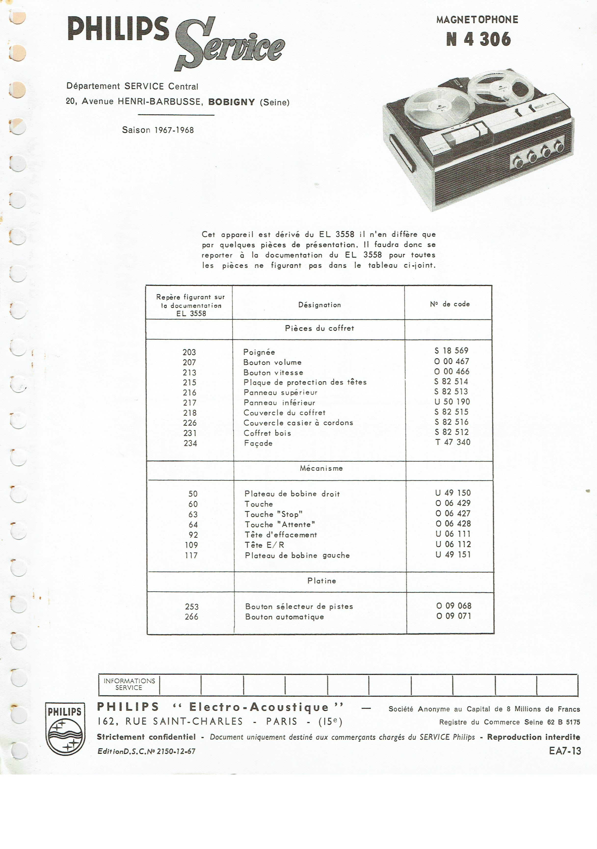 Philips  N 4306 Manuel de service  (Voir EL 3558 modèle de base)
